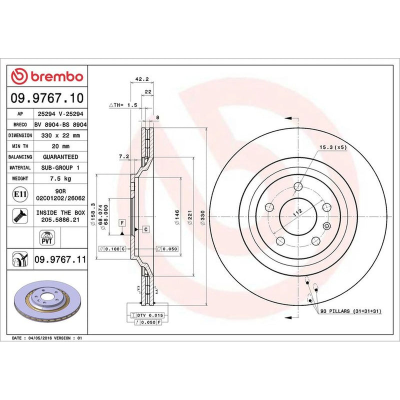 Brembo 2 x Rear Brake Discs 09.9767.11