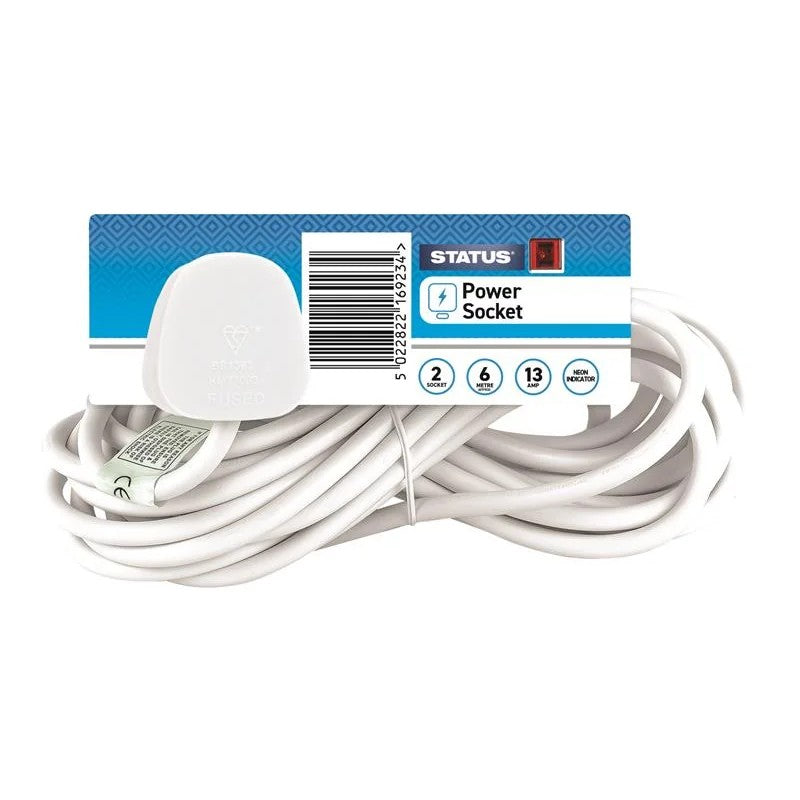 Status International® Extension Lead 240V 2-Gang 13A White 6m - S2W6MS8