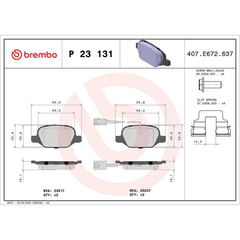 Brembo 4 x Rear Brake Pad Set P23131