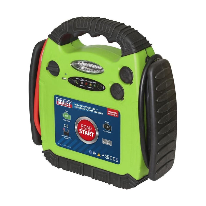 Sealey RoadStartï Emergency Jump Starter 12V 900 Peak Amps Hi-Vis Green RS1312HV Sealey  - Town Parts