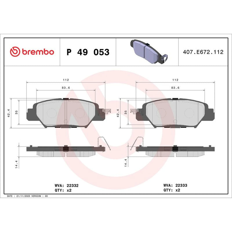 Brembo 4 x Rear Brake Pad Set P49053