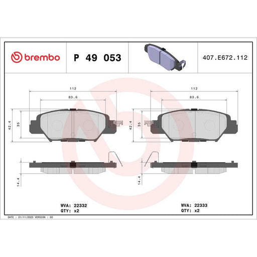 Brembo 4 x Rear Brake Pad Set P49053