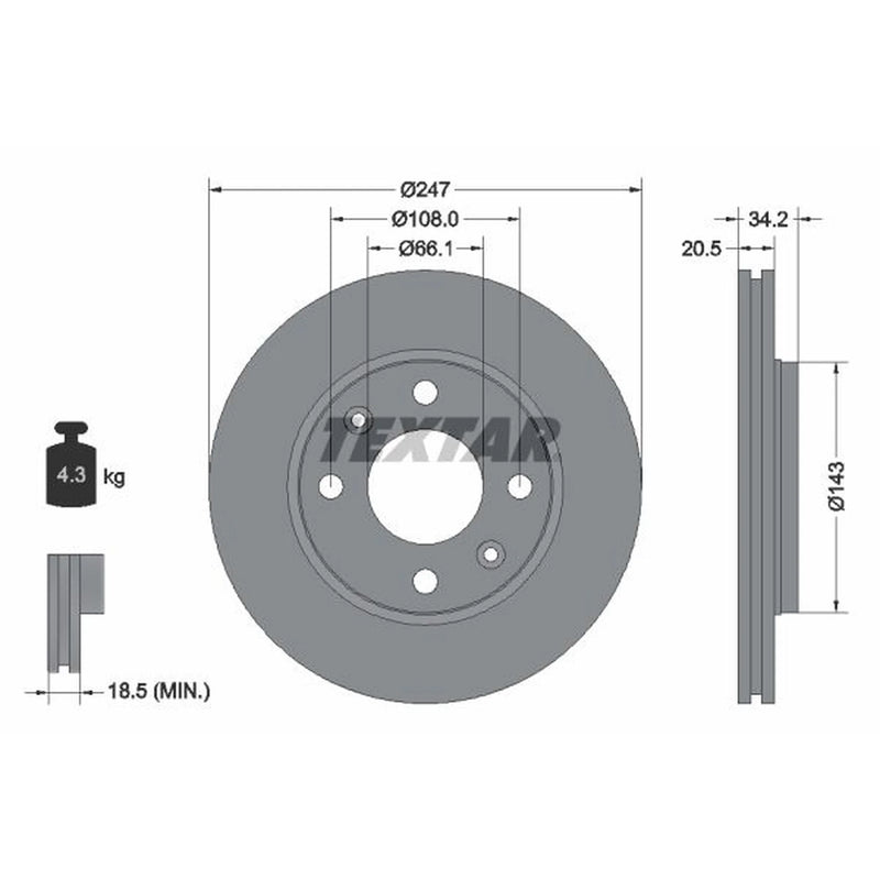 Textar 2 x Vented Front Brake Discs 92043103