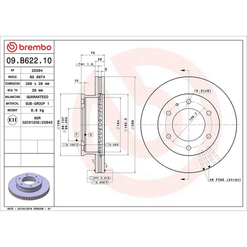 Brembo 2 x Internally Vented Front Brake Discs 09.B622.10