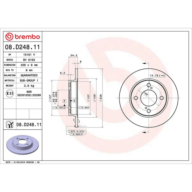 Brembo 2 x Solid Rear Brake Discs 08.D248.11