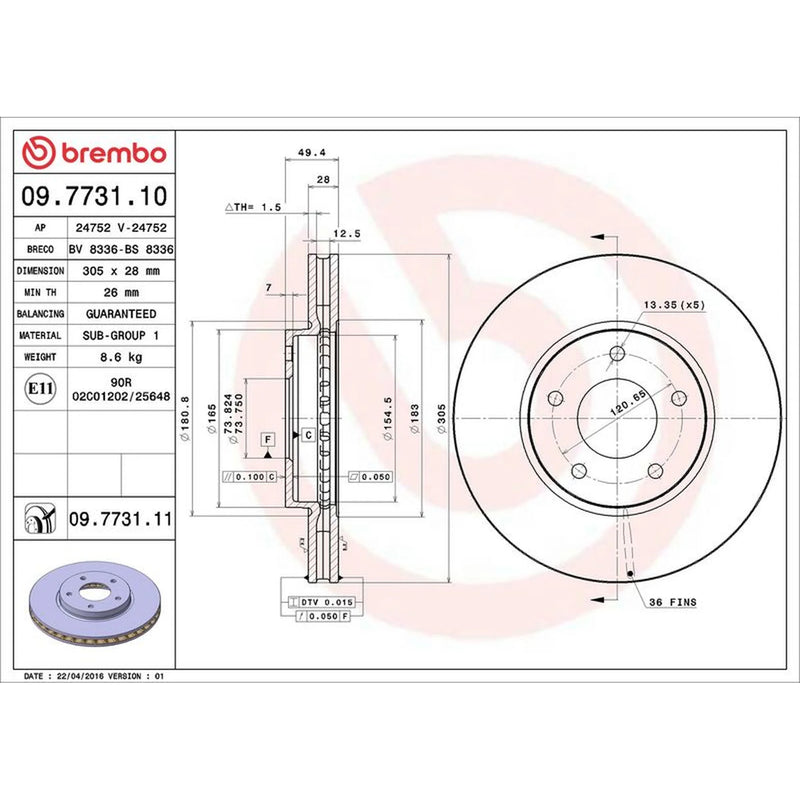 Brembo 2 x Internally Vented Front Brake Discs 09.7731.11