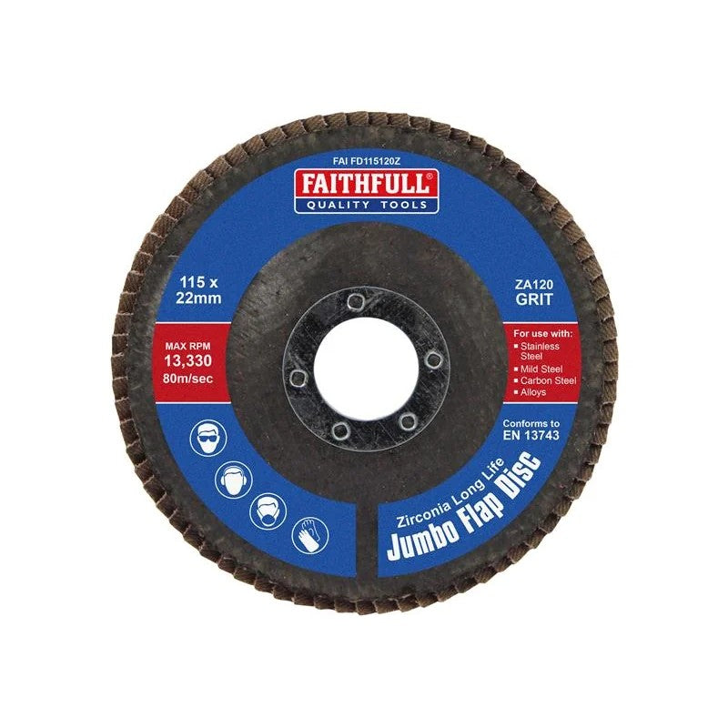Faithfull Zirconia Abrasive Jumbo Flap Disc 115 x 22mm 120 Grit - FAIFD115120Z