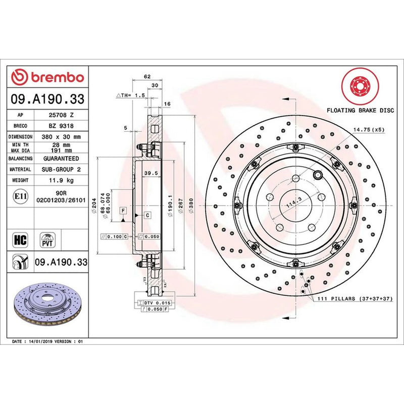 Brembo 2 x Aluminium Rear Brake Disc Hub Brake Discs 09.A190.33