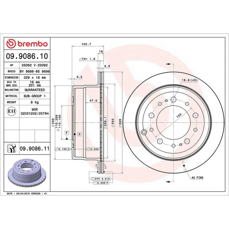 Brembo 2 x Internally Vented Rear Brake Discs 09.9086.11