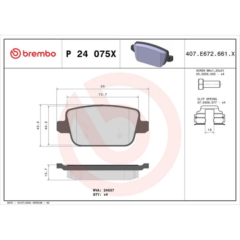 Brembo 4 x Rear Brake Pad Set P24075X