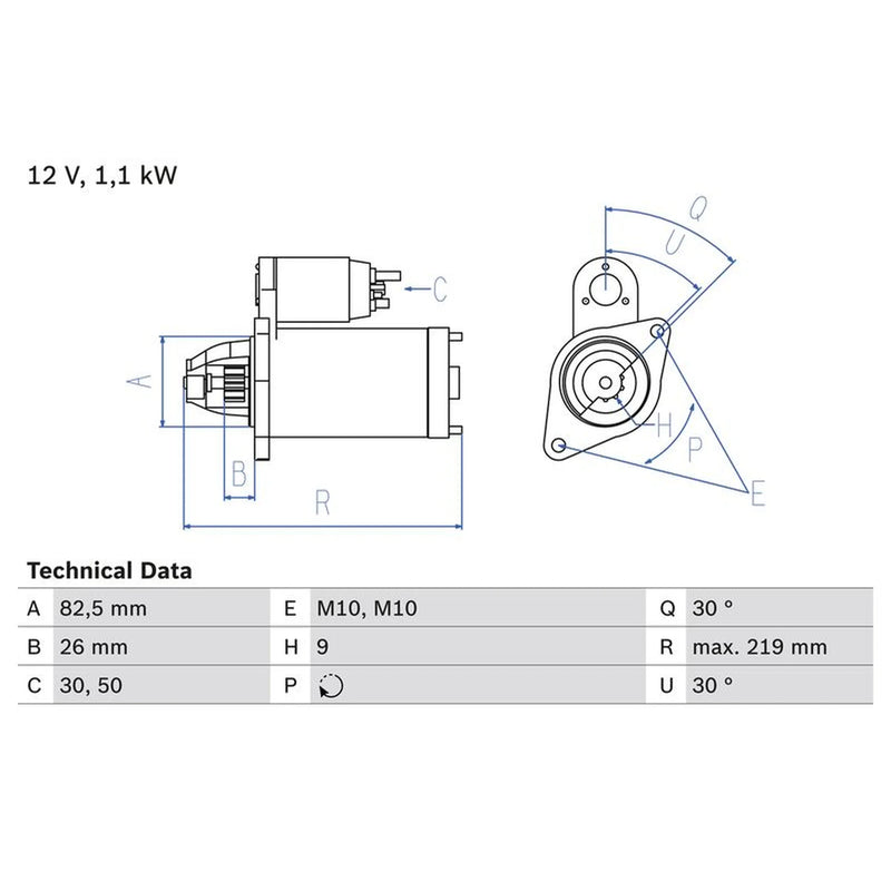 Bosch Starter Motor 12V 1.1kW 9 Teeth 0 986 016 380