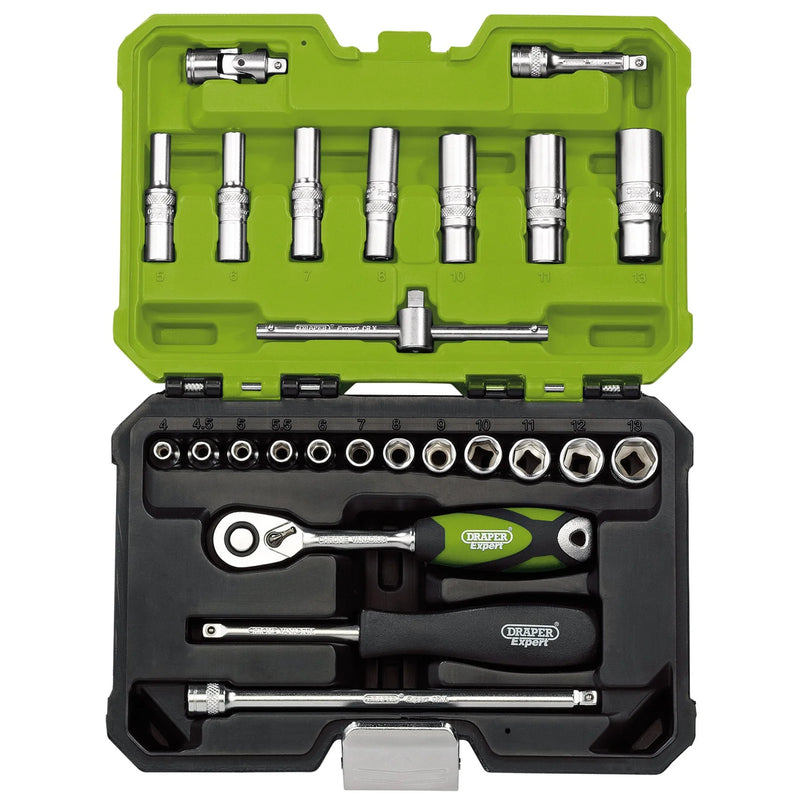 Draper Expert Socket Set, 25 Piece, 1/4" Sq. Dr., Green