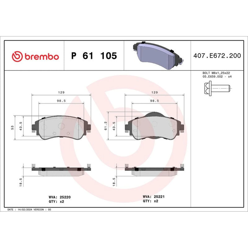 Brembo 4 x Front Brake Pad Set P61105