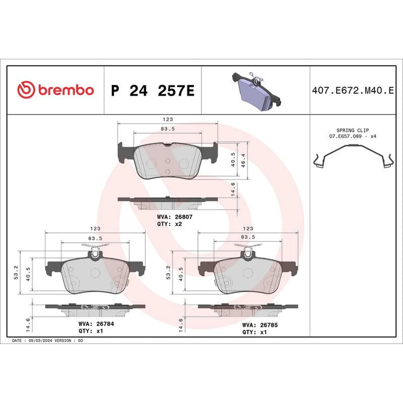 Brembo 4 x Rear Brake Pad Set P24257E