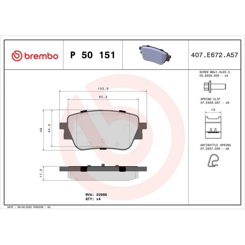 Brembo 4 x Rear Brake Pad Set P50151