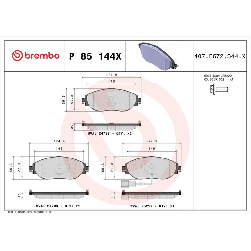 Brembo 4 x Front Brake Pad Set P85144X
