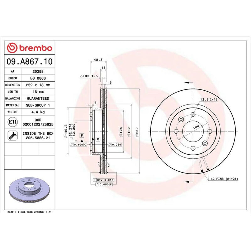 Brembo 2 x Internally Vented Front Brake Discs 09.A867.10