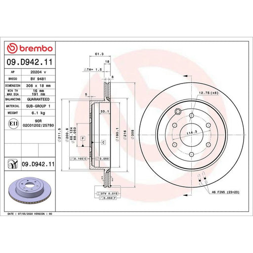 Brembo 2 x Internally Vented Rear Brake Discs 09.D942.11