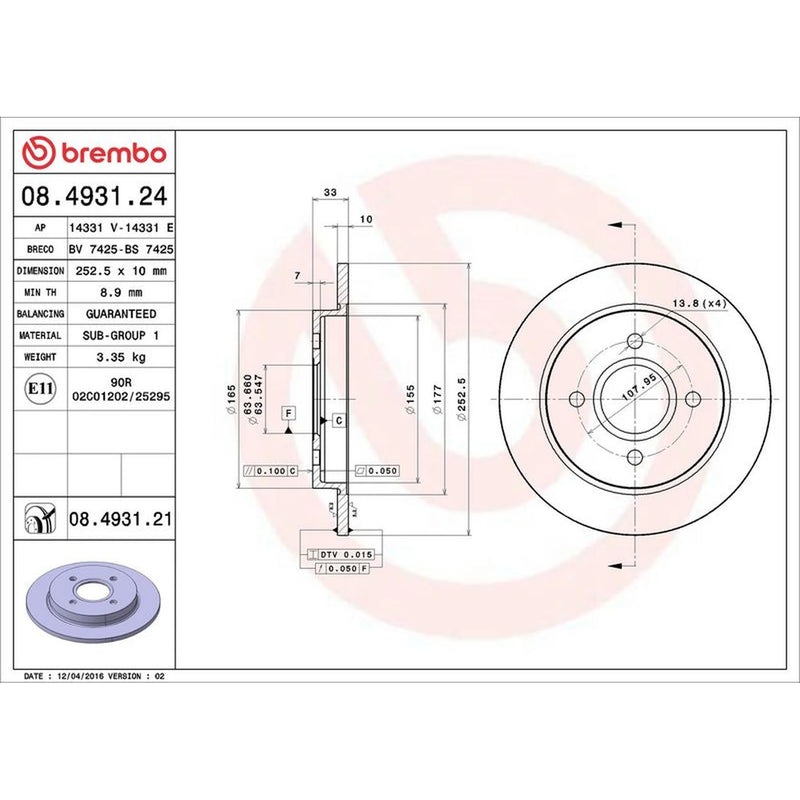 Brembo 2 x Solid Rear Brake Discs 08.4931.21
