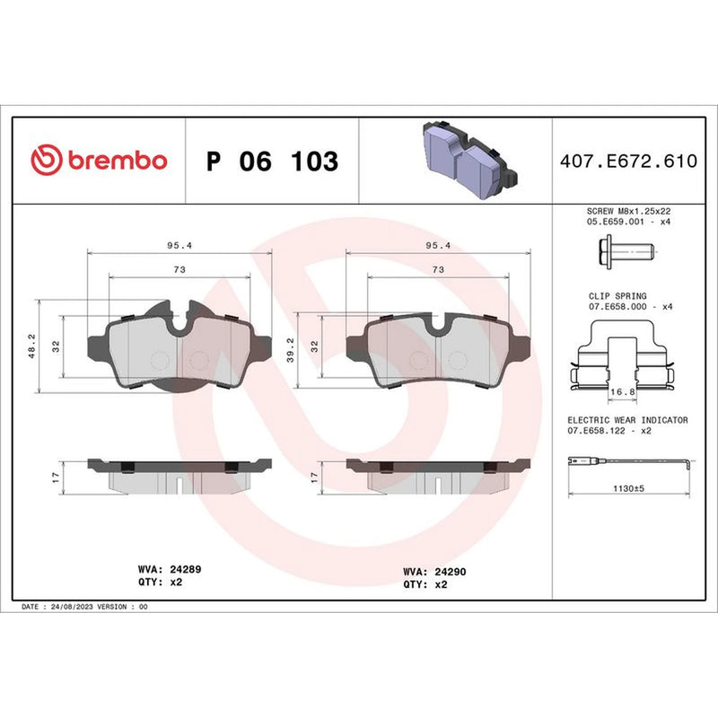 Brembo 4 x Rear Brake Pad Set P06103