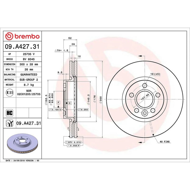 Brembo 2 x Internally Vented Front Brake Discs 09.A427.31