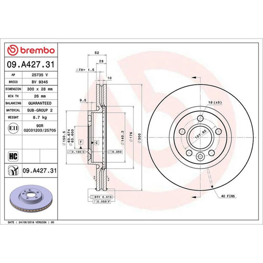 Brembo 2 x Internally Vented Front Brake Discs 09.A427.31