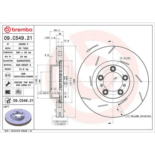 Brembo 2 x Slotted Front Brake Discs 09.C549.31