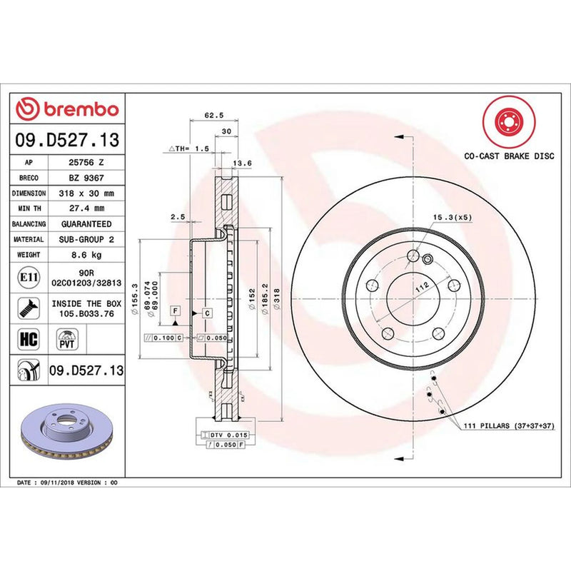 Brembo 2 x Steel Front Brake Disc Hub Brake Discs 09.D527.13