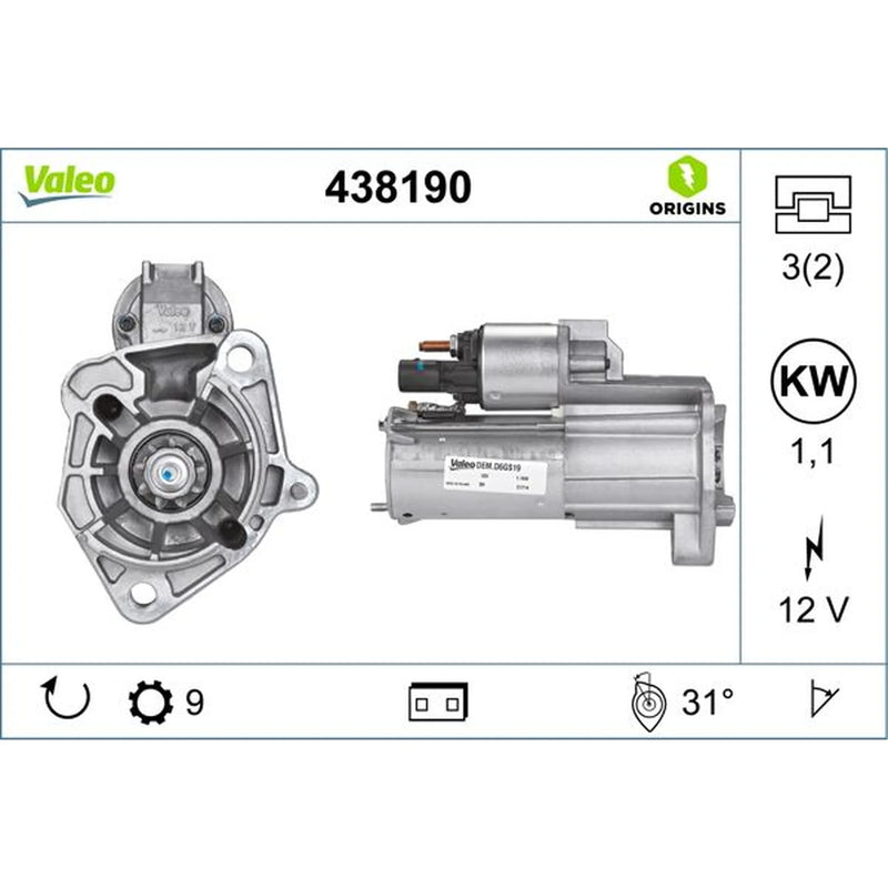 Valeo Starter Motor 12V 1.1kW 9 Teeth 438190