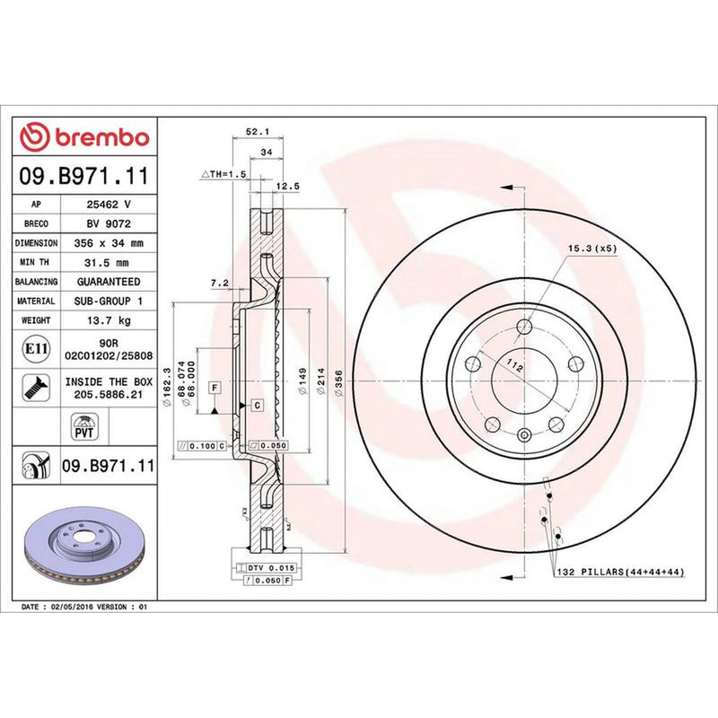 Brembo 2 x Internally Vented Front Brake Discs 09.B971.11