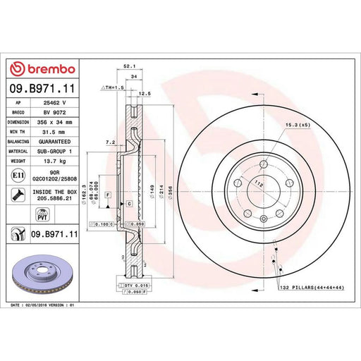 Brembo 2 x Internally Vented Front Brake Discs 09.B971.11
