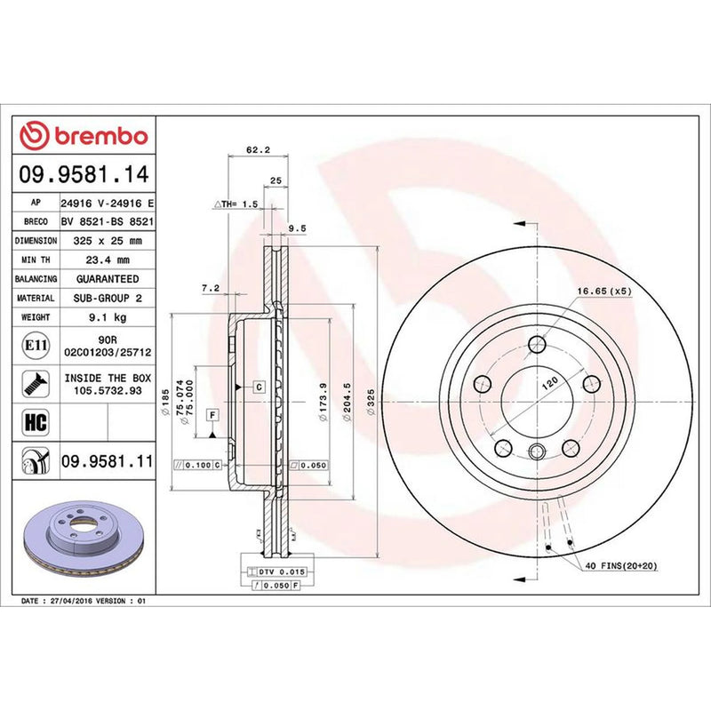 Brembo 2 x Internally Vented Front Brake Discs 09.9581.11