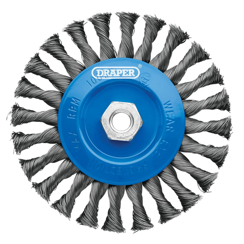 Draper Steel Twist-Knot Flat Wire Wheel Brush, M14 Connection
