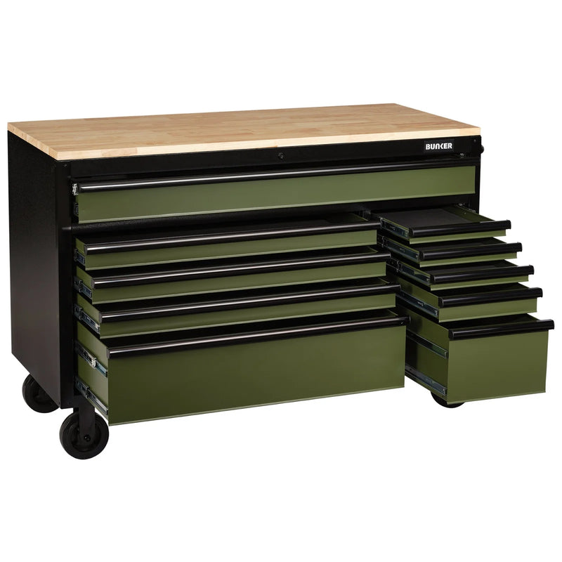 Bunker 10 Drawer Workbench Roller Tool Cabinet 56" Green