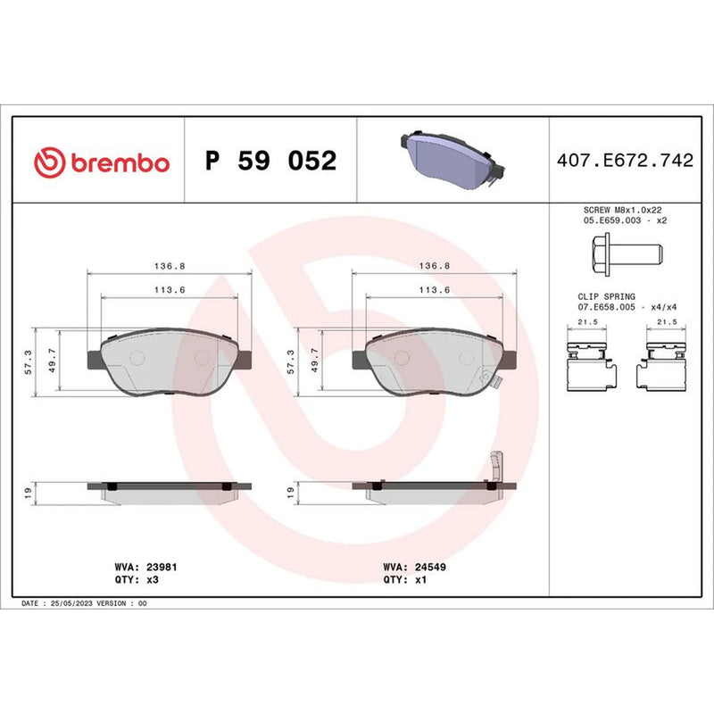 Brembo 4 x Front Brake Pad Set P59052