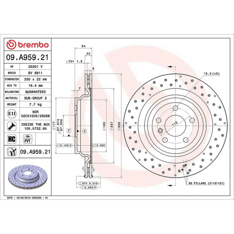 Brembo 2 x Perforated/Vented Rear Brake Discs 09.A959.21