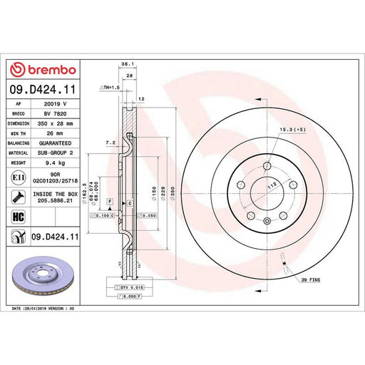 Brembo 2 x Internally Vented Rear Brake Discs 09.D424.11