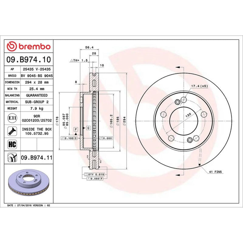 Brembo 2 x Internally Vented Front Brake Discs 09.B974.11