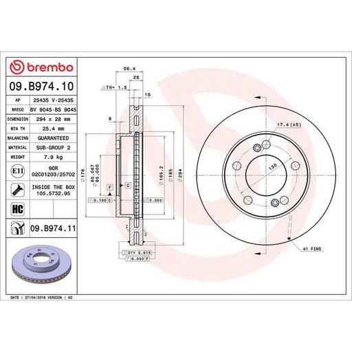 Brembo 2 x Internally Vented Front Brake Discs 09.B974.11