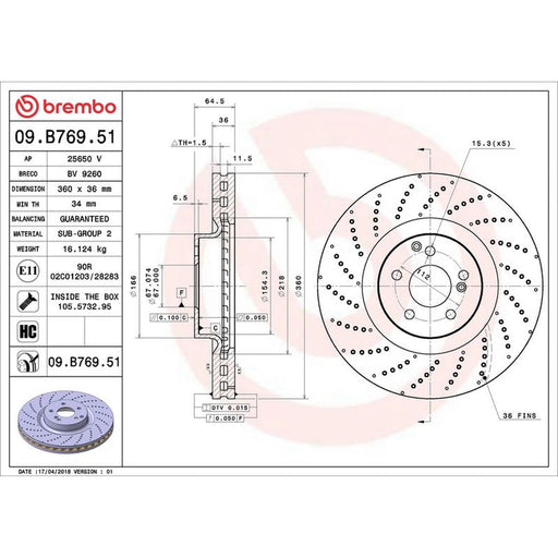 Brembo 2 x Perforated/Vented Front Brake Discs 09.B769.51