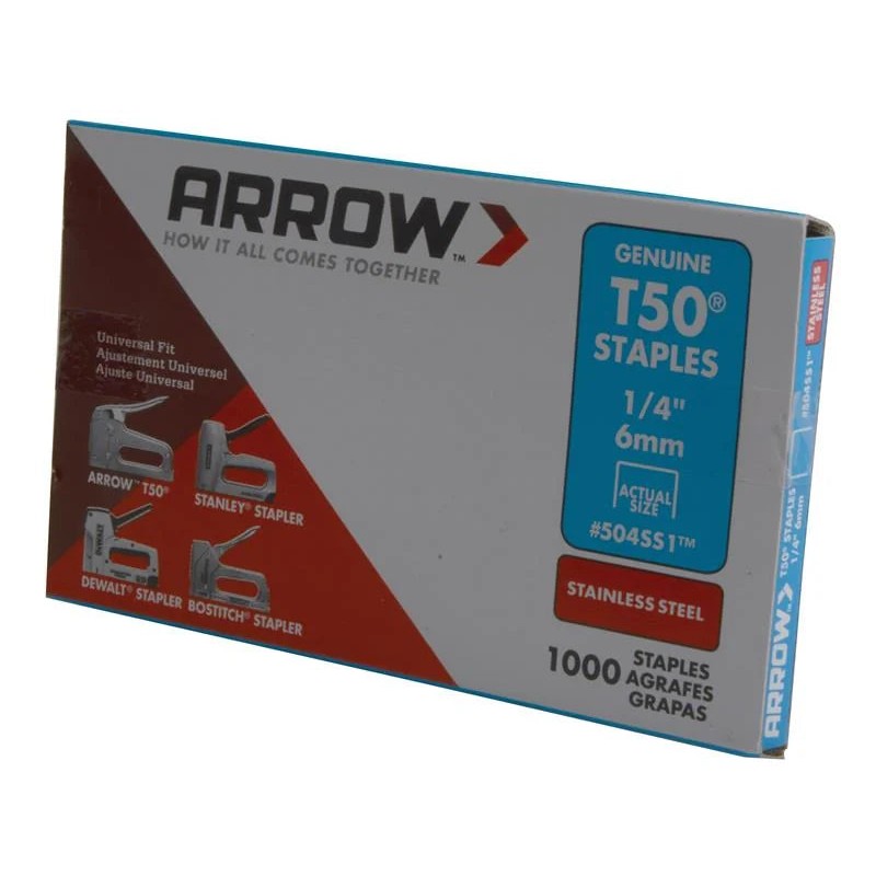 Arrow T50 Staples Stainless Steel 504SS 6mm (1/4in) (Box 1000) - A504SS1
