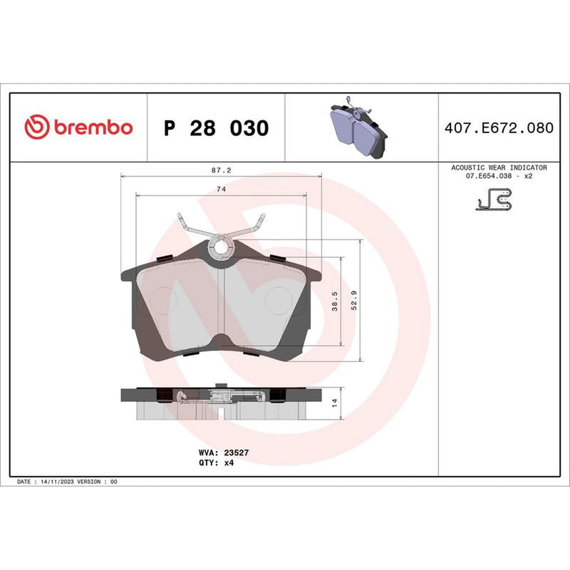 Brembo 4 x Rear Brake Pad Set P28030