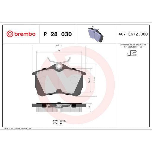 Brembo 4 x Rear Brake Pad Set P28030