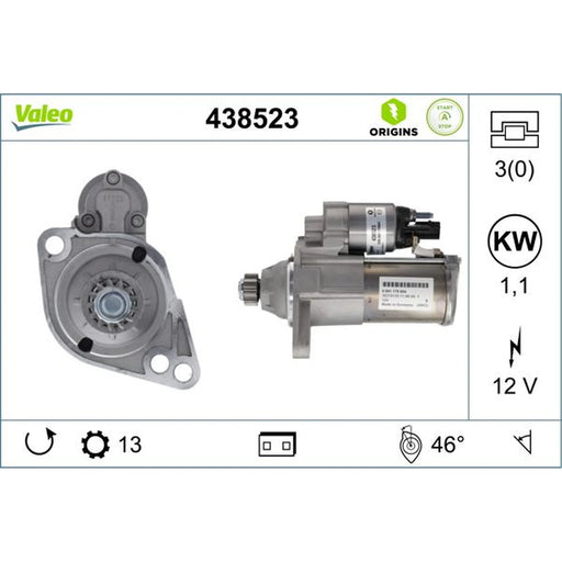 Valeo Starter Motor 12V 1.1kW 13 Teeth 438523