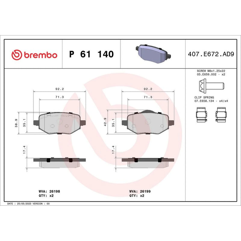 Brembo 4 x Rear Brake Pad Set P61140