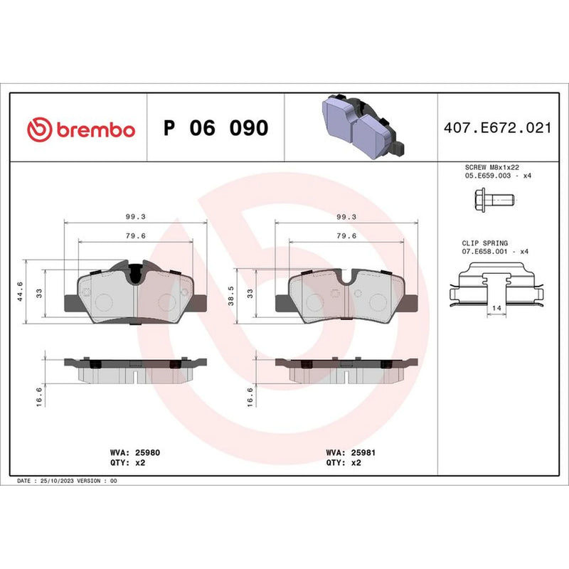 Brembo 4 x Rear Brake Pad Set P06090
