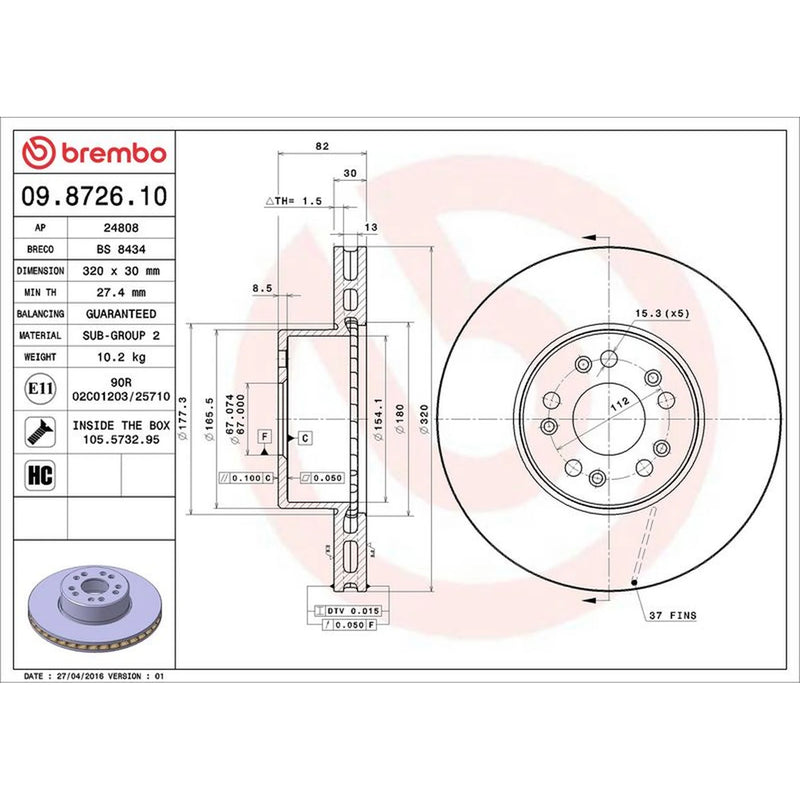 Brembo 2 x Internally Vented Front Brake Discs 09.8726.10