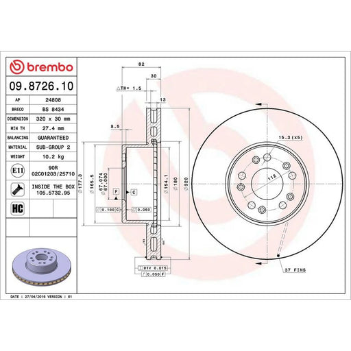 Brembo 2 x Internally Vented Front Brake Discs 09.8726.10