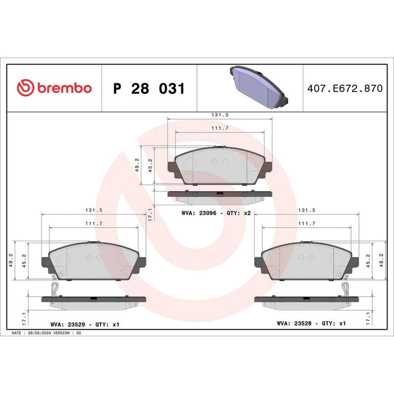 Brembo 4 x Front Brake Pad Set P28031