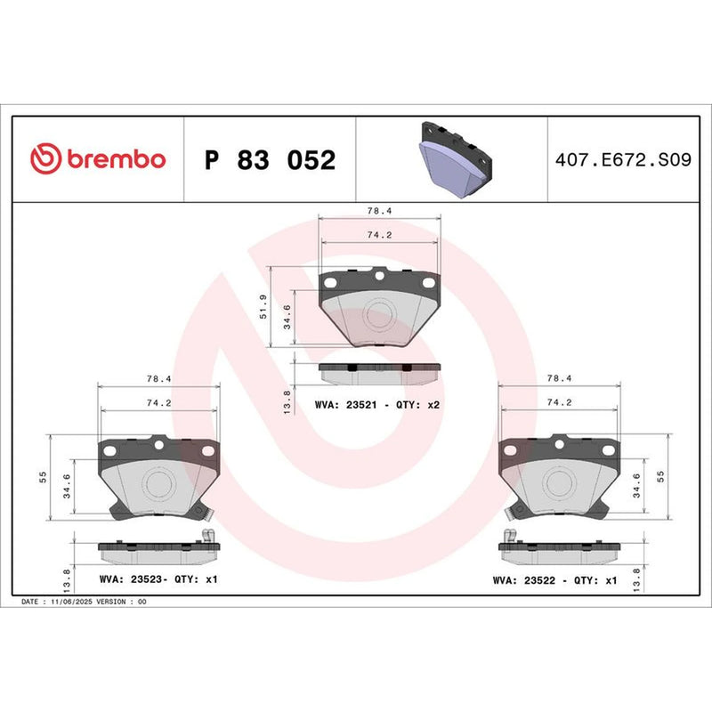 Brembo 4 x Rear Brake Pad Set P83052